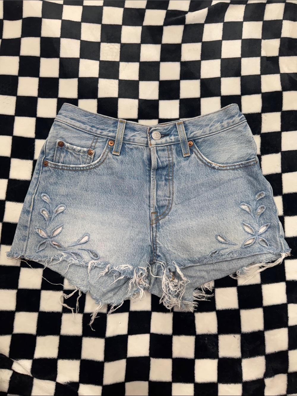 High-Rise Light Blue Embroidered and Frayed Denim Cutoff Shorts